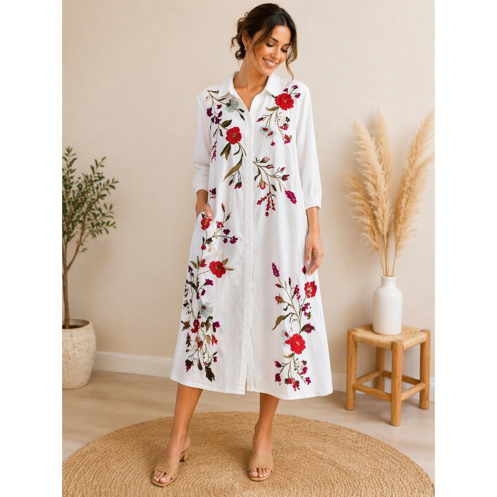 Johnny Was White Linen Floral Embroidered Button Front Midi Shirt Dress J36422-E